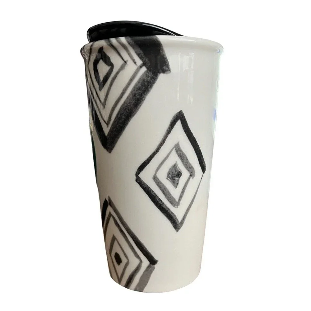 Starbucks Ceramic Tumbler Coffee Mug 2014 Green Dot Diamond 10 oz. Black Lid